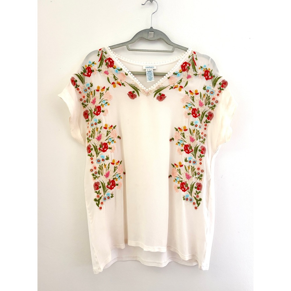 Sundance Size S Ivory Silk Floral Embroidered Boho Tunic Blouse Top Lace Trim